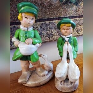 1950s Vintage Goose Boy and Goose girl Figurine,green color, Chalkware